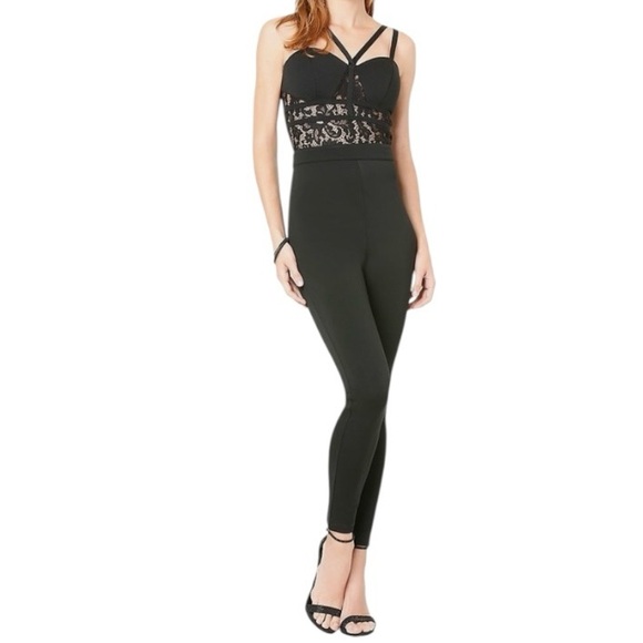 bebe Black Spaghetti Strap Sheer Lace‎ Detail Bralette Catsuit Jumpsuit